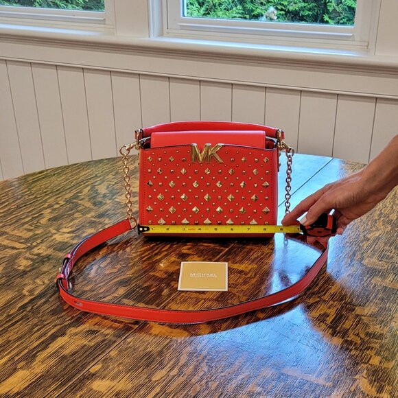 NWOT Michael Kors Gold Studded Crossbody Bag. Red. Gold Chain. Removable Strap. - Picture 9 of 16